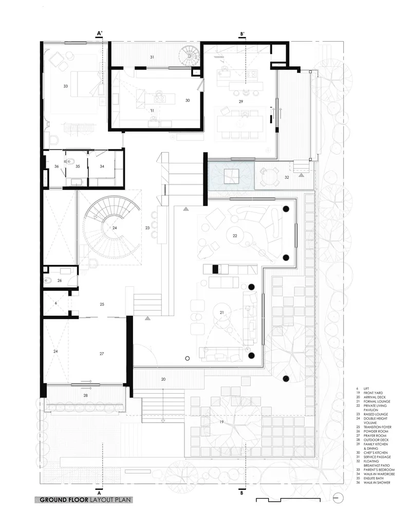 Ground floor plan drawing showing courtyards, spiral stair, dining areas and outdoor terraces with trees
