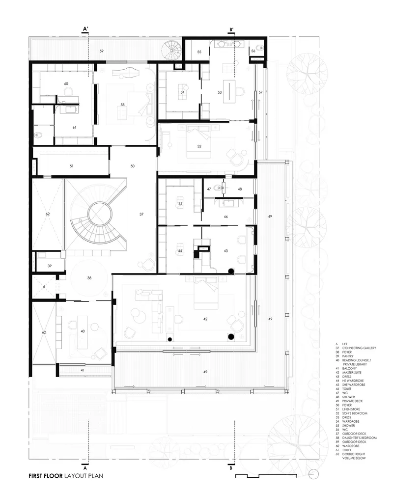 First floor plan drawing showing bedrooms, bathrooms, a curved stair and outdoor terrace spaces