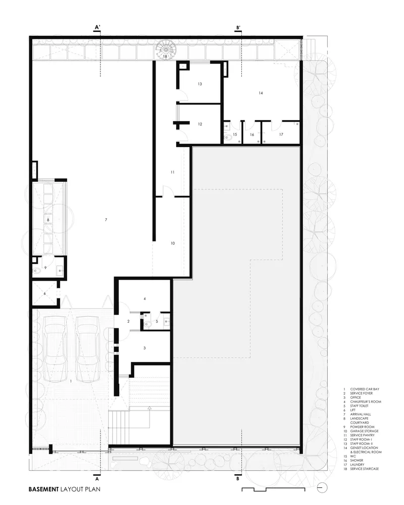 Basement plan drawing showing garage with two cars, service spaces and a large open recreation area