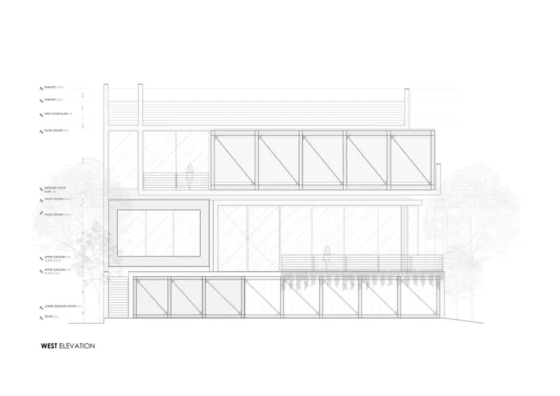 West elevation drawing showing three-story facade with diagonal-braced glazing and horizontal louver details