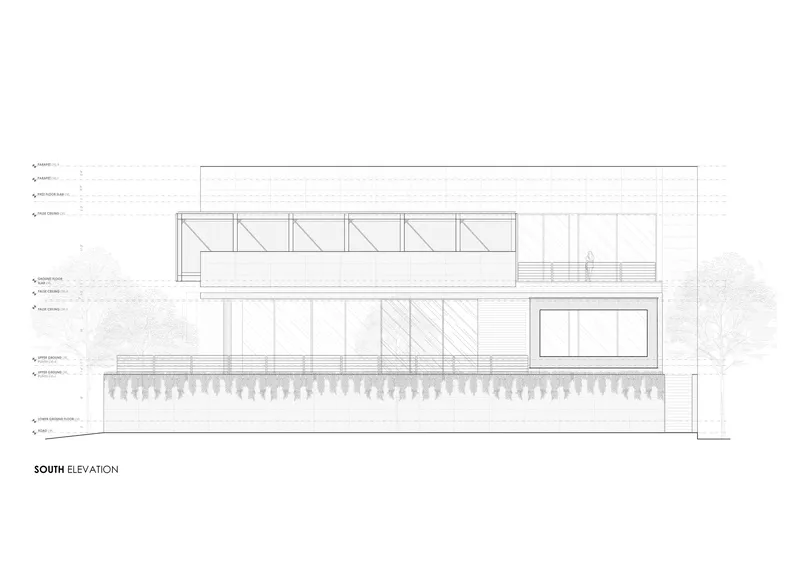South elevation drawing showing a two-story volume with timber framing and adjacent trees