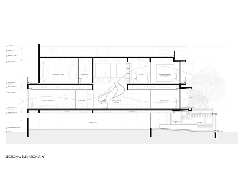 Sectional elevation drawing revealing split-level interior spaces with a curved staircase connecting floors