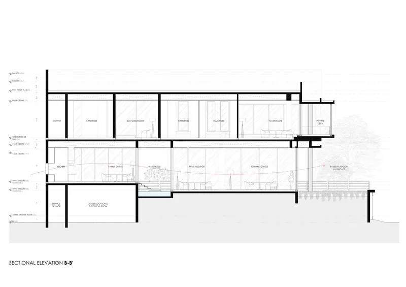 Sectional elevation drawing displaying upper floor bedrooms and lower level living spaces with courtyard
