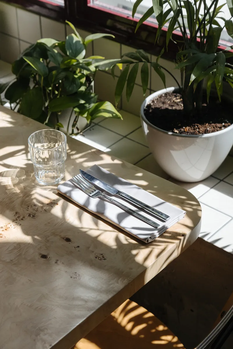 Place setting on cast concrete table with dappled sunlight through plants near tiled window sill