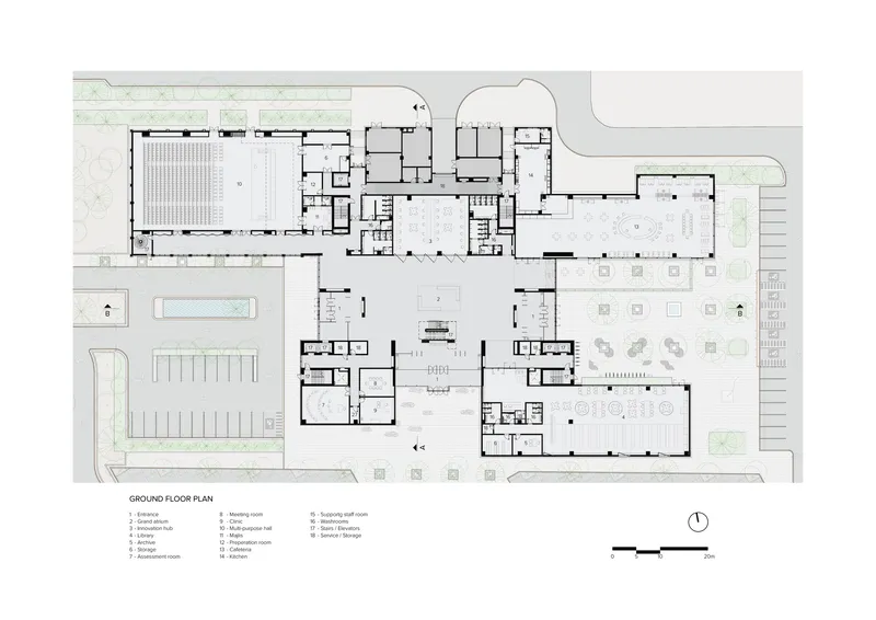 Ground floor plan drawing showing distributed program zones around central courtyards with parking and landscaping