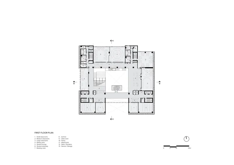 First floor plan showing a courtyard surrounded by rooms with a central stairwell