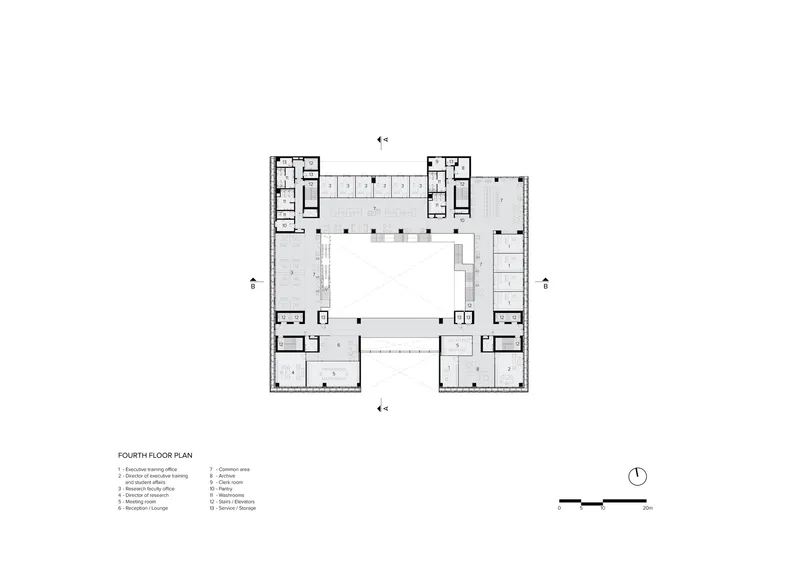 Fourth floor plan showing open areas and meeting spaces around a central courtyard