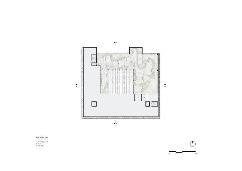 Roof plan showing a grid structure and terrace areas with planted zones
