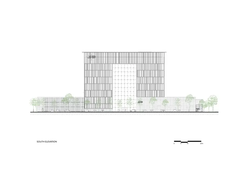 South elevation drawing showing vertical facade elements and ground-level landscaping with trees