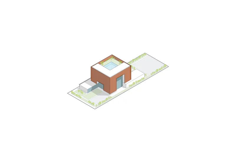Isometric drawing showing a terracotta-clad volume with a central courtyard and rooftop pool surrounded by planted beds