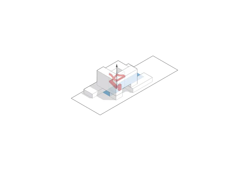 Isometric drawing highlighting vertical and horizontal circulation patterns through color-coded arrows in the central core