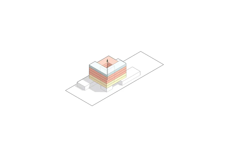 Axonometric diagram showing the layered horizontal floor plates stacked around a central atrium space