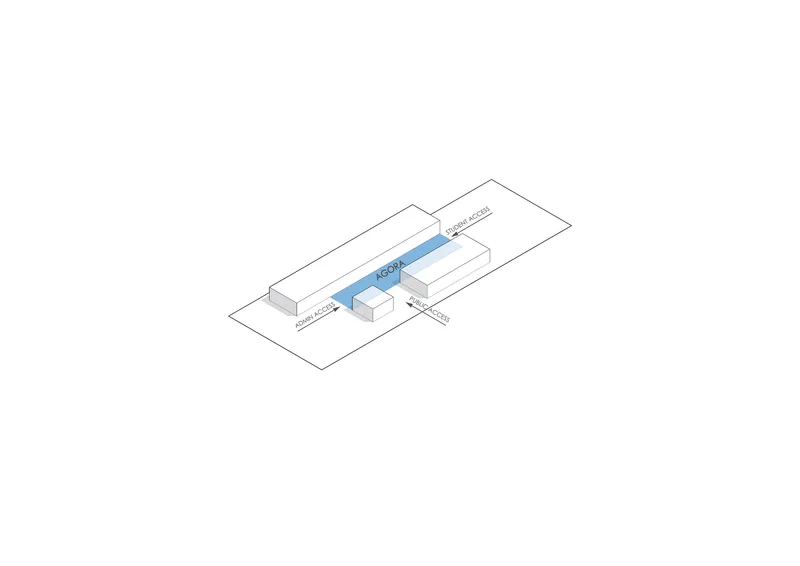 Isometric drawing depicting a long linear corridor volume connecting perpendicular program bars on the site