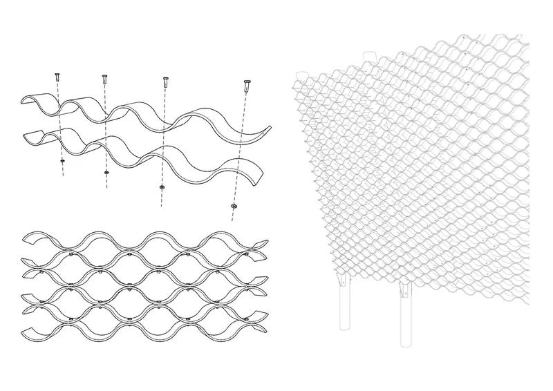 Axonometric drawing showing the layered woven lattice structure supported by cylindrical columns
