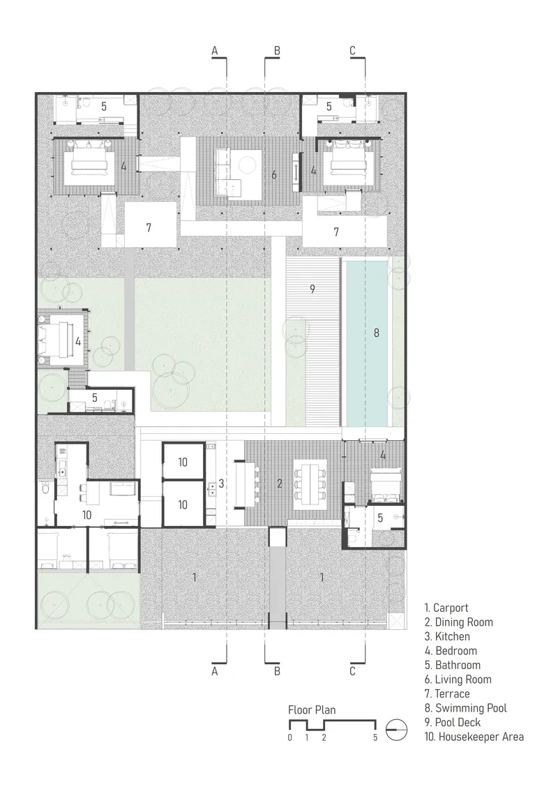 Floor plan drawing showing residential volumes arranged around a central courtyard with swimming pool and deck