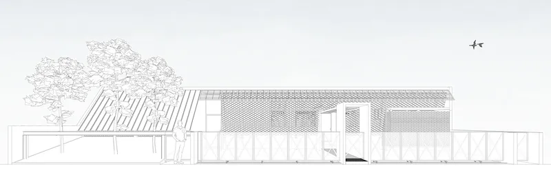 Elevation drawing depicting the horizontal volume with perforated screens and vertical slat facade behind site fencing