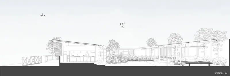 Section drawing showing interior spaces opening onto landscaped courtyards with trees and swimming pool