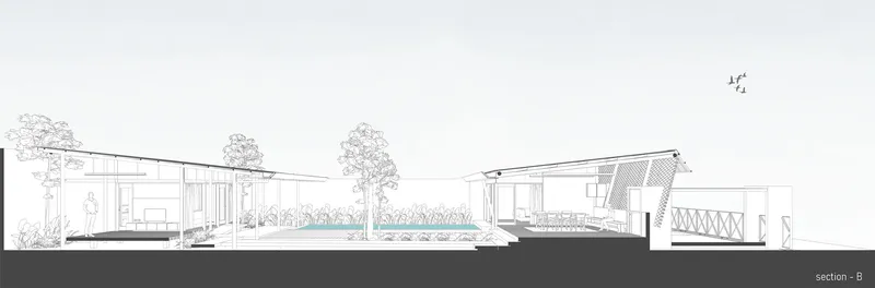 Section drawing revealing the relationship between living volumes, pool, planted areas, and sloped roof forms