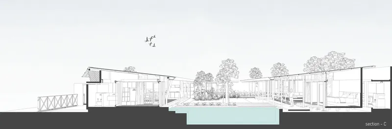 Section drawing cutting through the pool and courtyard with adjacent interior spaces and roof structures