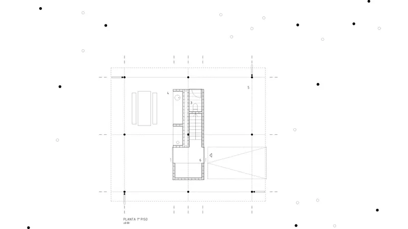 Floor plan drawing showing a central staircase with adjacent rooms and an outdoor triangular terrace