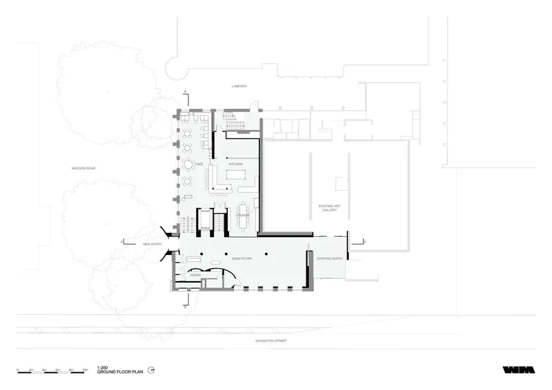 Ground floor plan drawing showing main entry, gallery space, kitchen and existing art gallery with adjacent trees
