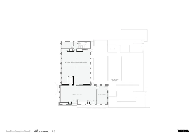 First floor plan drawing showing academic program study center, seminar room and art storage adjacent to gallery