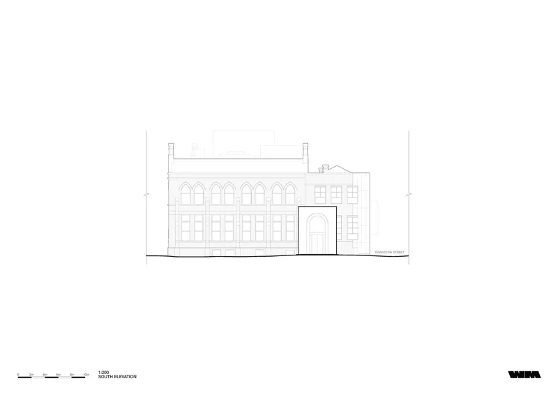 South elevation drawing showing an arched fenestration pattern and central arched entry with adjacent lower volume