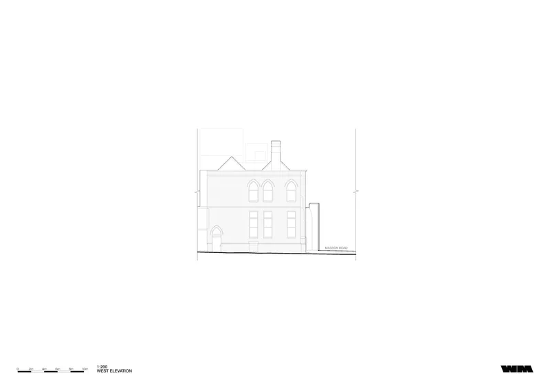West elevation drawing depicting a two-story facade with pointed arch windows and stepped gable roofline