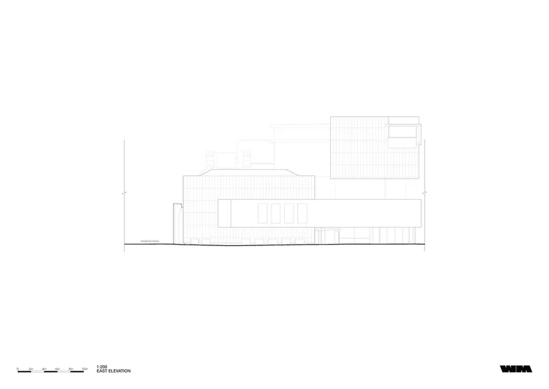 East elevation drawing illustrating a horizontally layered composition with vertical cladding and recessed openings