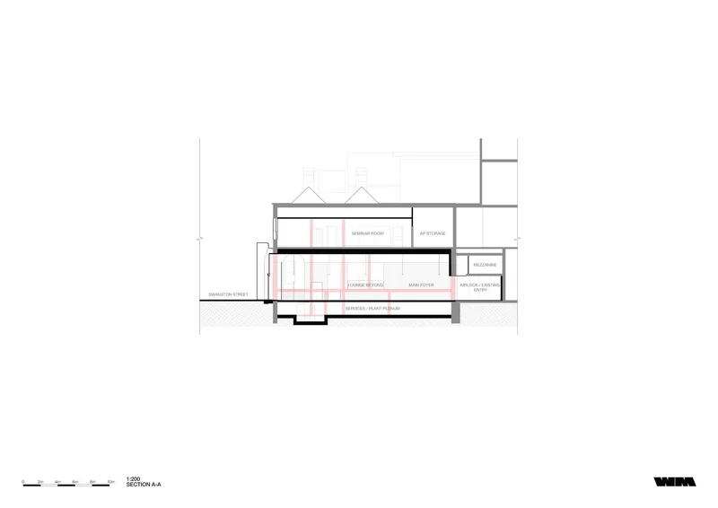 Section drawing through multiple interior spaces showing floor levels and a historic facade with arched openings