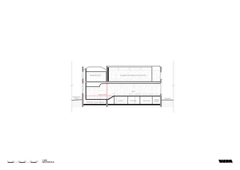 Section drawing revealing a split-level interior arrangement with mezzanine and lower ground floor spaces
