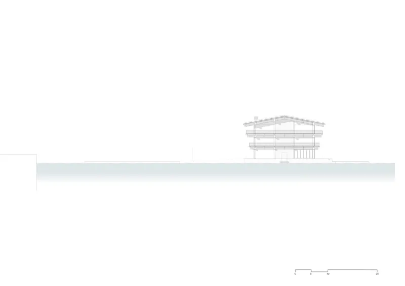 Elevation drawing displaying three-story gabled building with horizontal banding and recessed ground floor