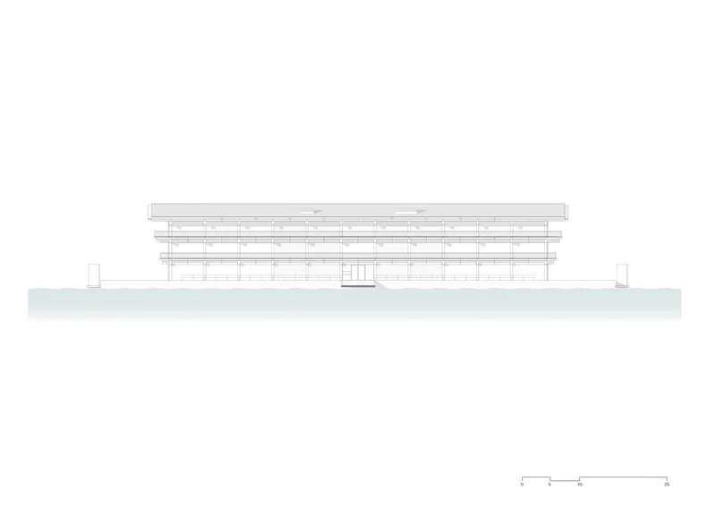 Elevation drawing showing a terraced horizontal structure with stacked overhanging roof layers