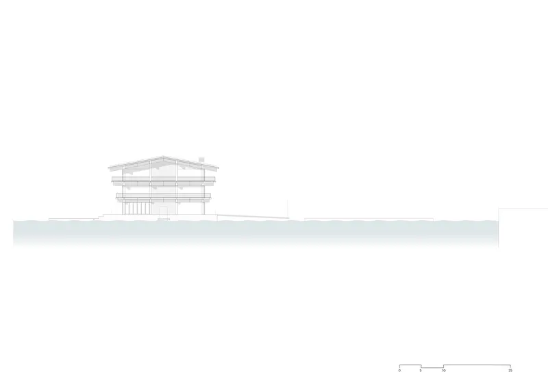 Elevation drawing depicting a gabled volume with vertical slats beneath tiered roof planes
