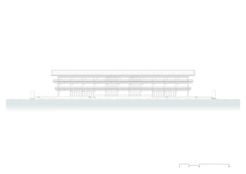 Elevation drawing illustrating the symmetrical facade with dual vertical column bays under layered rooflines