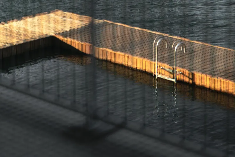 Timber swimming dock with metal ladder projecting into dark water in golden hour light