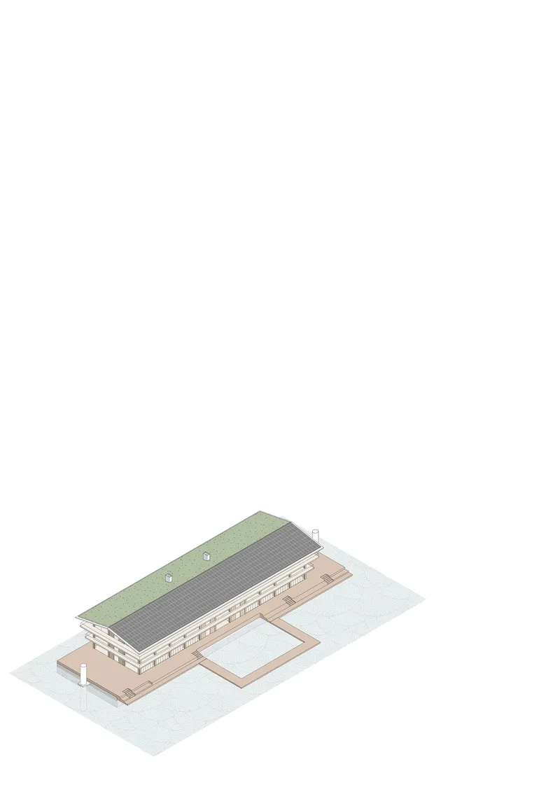 Axonometric drawing showing the linear building with green roof and adjacent water basin