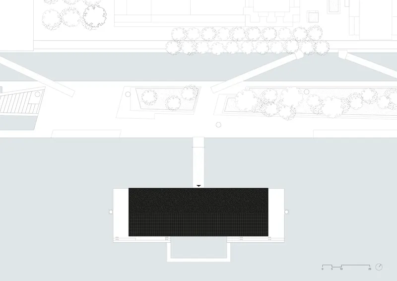 Site plan drawing showing the rectangular building footprint with tree-lined canal edges