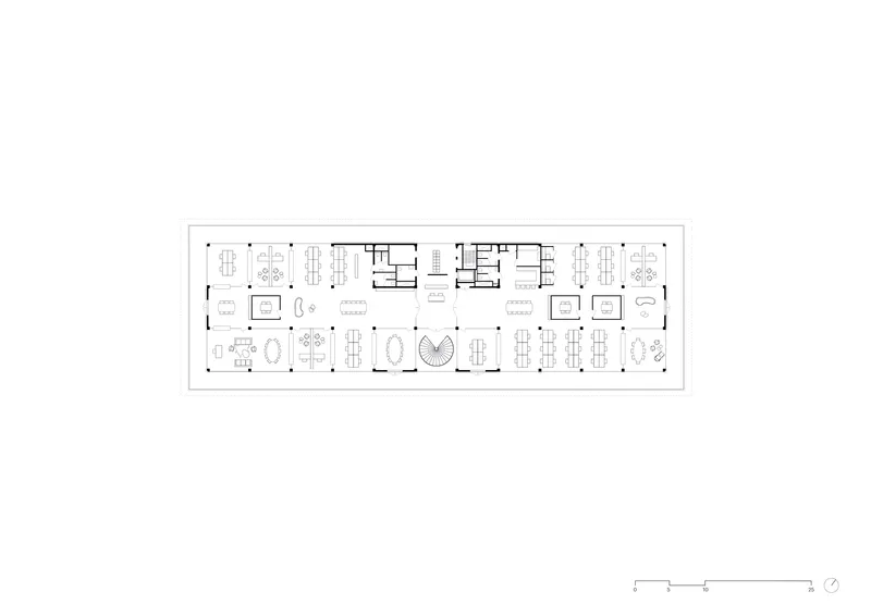 Floor plan drawing illustrating workspace layout with clustered meeting rooms and central circulation spine