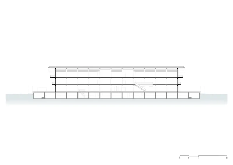 Section drawing showing three-story horizontal building with cantilevered upper floors and ground-level colonnade