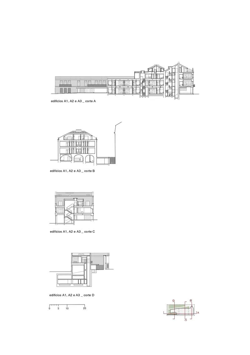 Section drawings revealing the interior spatial organization across multiple floors of connected buildings