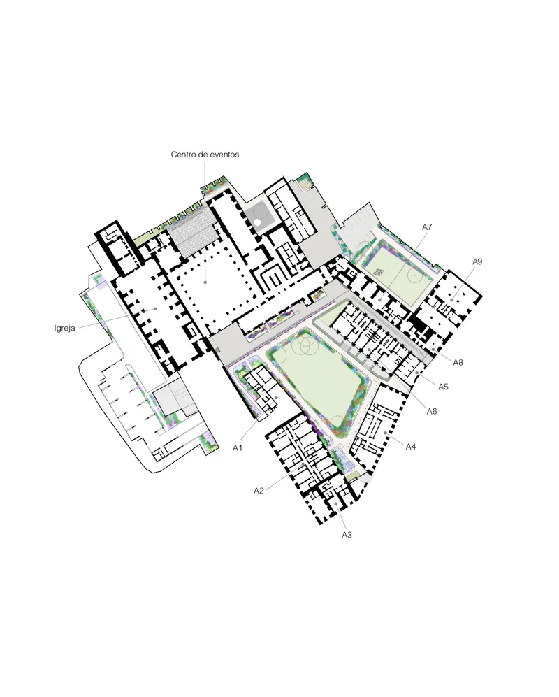 Site plan drawing showing multiple building blocks arranged around central courtyards and green spaces