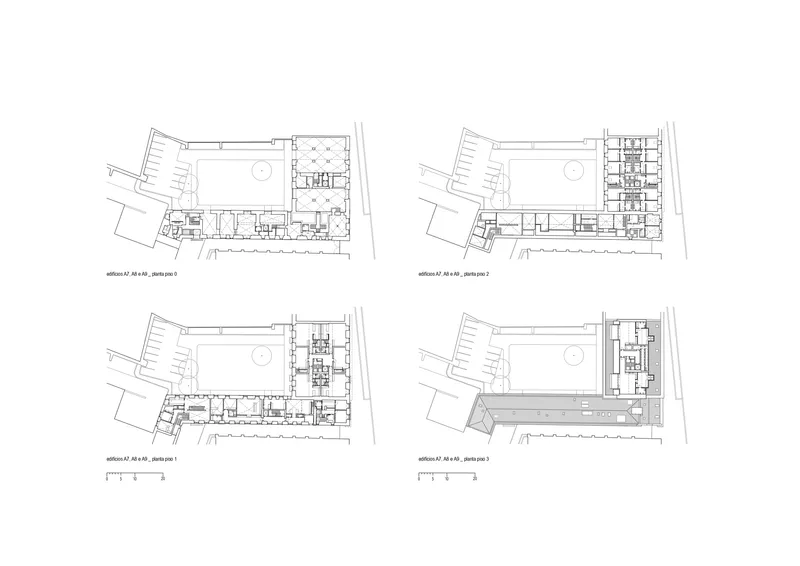 Floor plan drawings showing four levels of residential units wrapping around a courtyard space