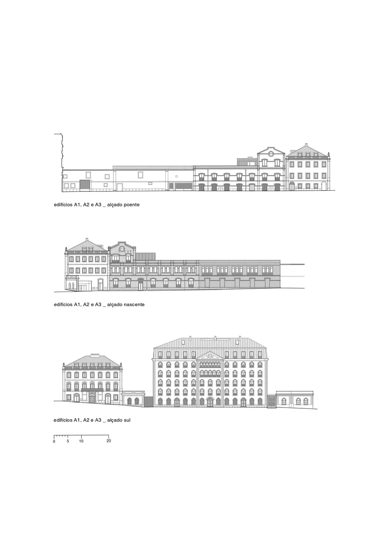 Elevation drawings showing three facade views of interconnected multistory buildings with traditional fenestration patterns