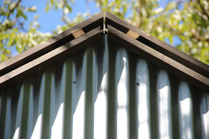 Corner detail of timber roof trim meeting corrugated metal cladding with tree foliage in background