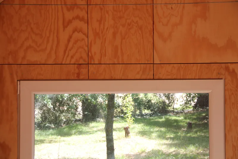 Detail of plywood panel wall above a horizontal window frame looking out to the grass clearing