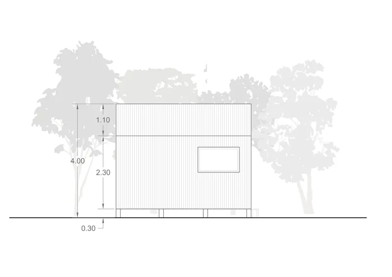 Elevation drawing of a vertical-clad gabled volume with a single window among silhouetted trees