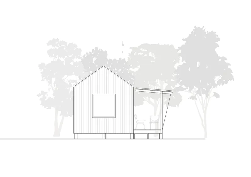 Elevation drawing showing a gabled main volume and an adjacent sloped glazed extension