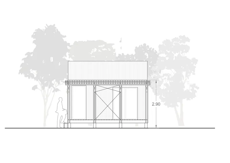 Section drawing revealing the raised floor structure with cross-bracing and a figure standing below