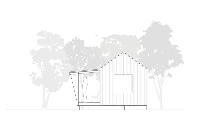 Elevation drawing showing the angled glazed porch with a figure inside and tree silhouettes beyond